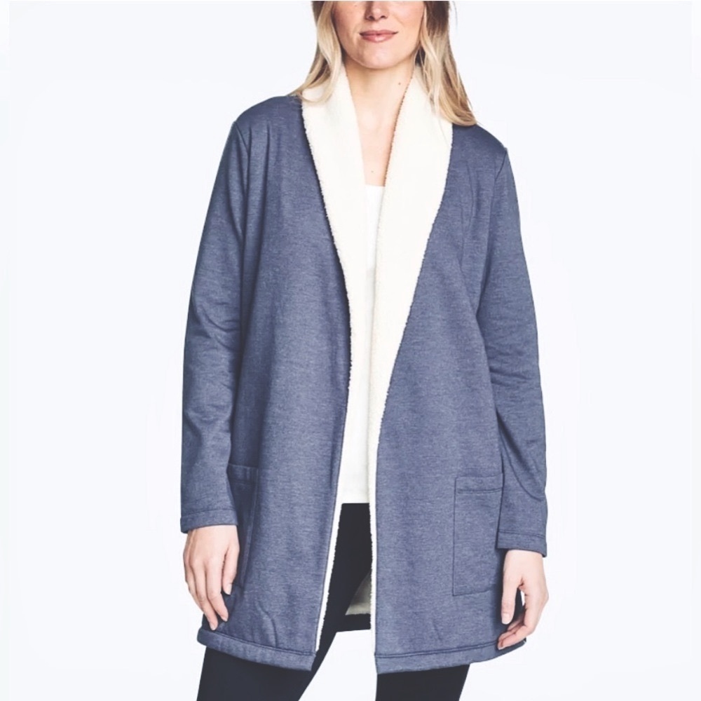 Women's Eddie Bauer Faux Sherpa Lined Cabin Cardigan Blue/Cream EUC Size S